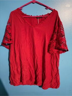 BloomChic Red Crochet-Sleeve V-Neck Tunic Top